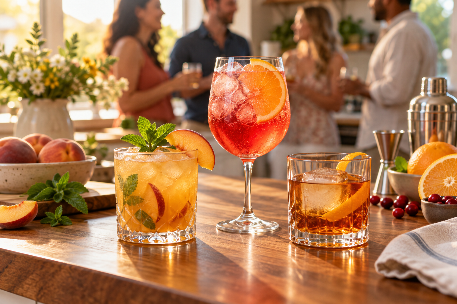 A peach bourbon smash, cranberry orange spritz, and classic old fashioned on a sunny kitchen counter